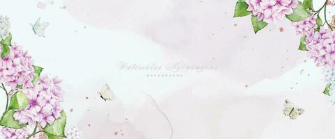 Horizontal background with pink hydrangea, glitter, butterflies vector