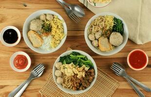 Top View Mie Baso or Bakso, Meatball Soup with Noodle photo