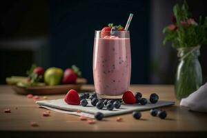 Strawberry and blueberry smoothie in glass on wooden table photo