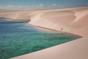 White sand dunes and blue lake in Namib desert, Namibia photo