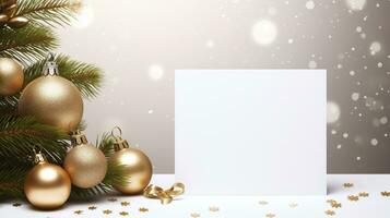 blanco blanco saludo tarjeta con Navidad decoración alrededor el tarjeta, Copiar espacio foto