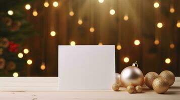blanco blanco saludo tarjeta con Navidad decoración alrededor el tarjeta, Copiar espacio foto