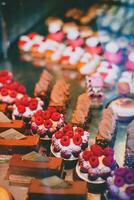 Cakes on the counter of a cafe in Paris, France. photo