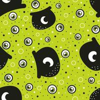 Cute halloween seamless pattern for kids with witch cauldron and eyes on green background vector