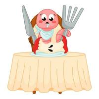 Cute cartoon earthworm character sitting behind the table and eating apple with fork and knife, insect having a dinner, vector