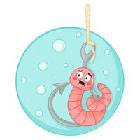 Cute cartoon scared earthworm character sitting on a fishing hook  under the water vector