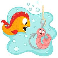 Cute cartoon scared earthworm character sitting on a fishing hook  under the water and fish trying to eat worm, vector