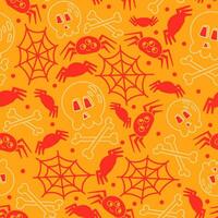 Cute halloween seamless pattern for kids with kawaii skulls and spiders on orange background vector