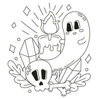 Halloween cozy coloring page with ghost character flying around magical healing crystals and candles with bats and skulls for kids and adults vector