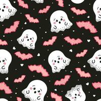 Cute halloween seamless pattern for kids with kawaii ghosts and bats on dark black background vector