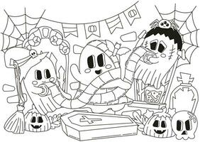 Halloween cozy indoor interior of room with ghost characters making costumes for spooky party, coloring page for kids and adults vector