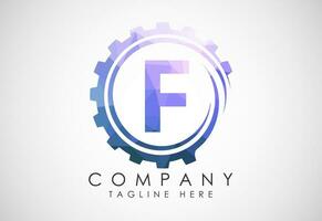 Low poly alphabet F in a gear spiral. Gear engineer logo design. Polygonal logo for automotive vector