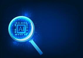 Search technology that uses artificial intelligence to help find answers It can also create images, Magnifying glass that looks at AI microchips connected to technology circuits. vector