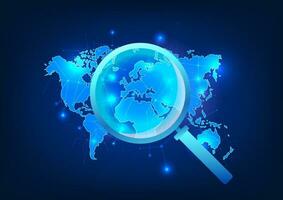 Information search technology A magnifying glass that looks at the world map along with connecting lines It means finding information from all over the world through the internet signal network. vector