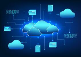 nube tecnología conectado íconos con circuitos eso medio transferir datos almacenamiento archivos mediante el nube sistema. eso es un sistema para almacenamiento datos ese es seguro y previene datos robo y destrucción vector