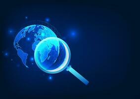 Search technology A magnifying glass that looks at the globe Equipped with technological connection lines It means finding information all over the world via the internet to use in your work. vector