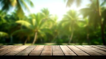 empty wooden table top with forest and vegetation view for product presentation and mokeup ai generative photo