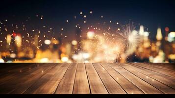 empty table top with city view and fireworks at night for product photography and presentation ai generative photo