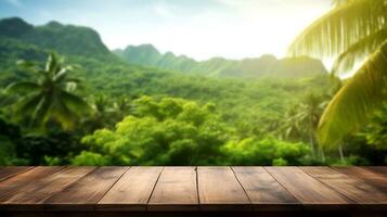 empty wooden table top with forest and vegetation view for product presentation and mokeup ai generative photo