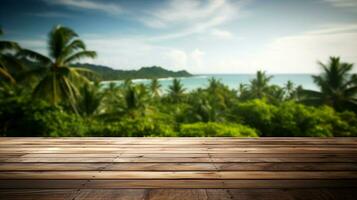 empty wooden table top with forest and vegetation view for product presentation and mokeup ai generative photo