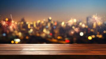 empty table top with city view and fireworks at night for product photography and presentation ai generative photo