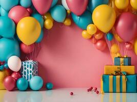 A visually appealing copy space banner with balloons and gift decorations ai generate photo