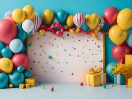 A visually appealing copy space banner with balloons and gift decorations ai generate photo