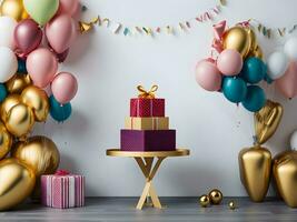 A visually appealing copy space banner with balloons and gift decorations ai generate photo