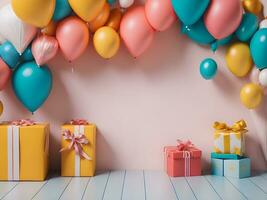 A visually appealing copy space banner with balloons and gift decorations ai generate photo