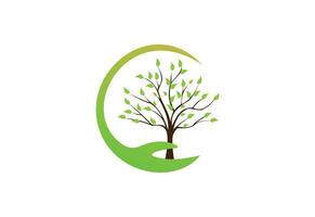 Human hands and tree with green leaves. Logo, symbol, icon, illustration, vector, template, design vector