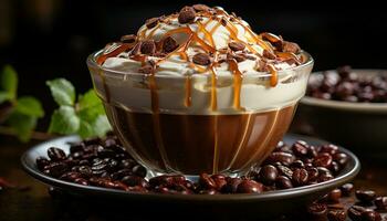 Freshness in a cup gourmet coffee, dark chocolate, whipped cream generated by AI photo