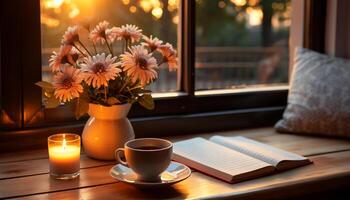 Cozy room with book, coffee, flower nature warmth embraces generated by AI photo