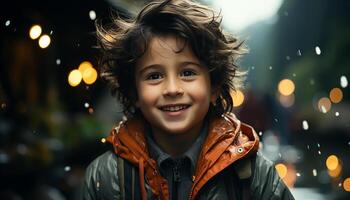 A cute boy, smiling, looking at camera, enjoying winter night generated by AI photo