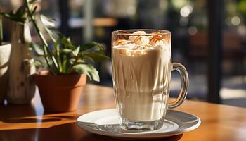 Freshness in a coffee cup, close up of a latte generated by AI photo