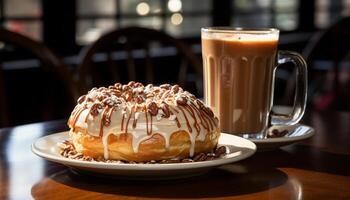 gastrónomo postre, café, y dulce comida en de madera mesa generado por ai foto