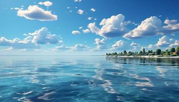 brillante azul cielo refleja en tranquilo agua, creando un sereno paisaje generado por ai foto