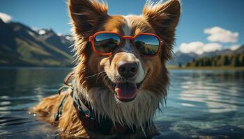 un linda perro en Gafas de sol disfruta el al aire libre, puro felicidad generado por ai foto