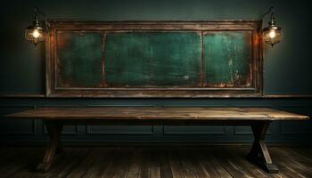 Empty classroom with old wooden desk and blackboard generated by AI photo