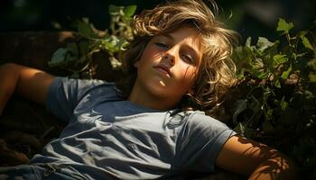 sonriente niño en naturaleza, despreocupado y alegre, disfrutando verano generado por ai foto