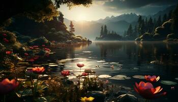 Tranquil scene nature beauty reflected in water at sunset generated by AI photo