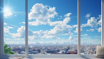 Looking through window, cityscape skyscraper architecture, blue sky generated by AI photo