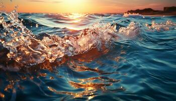 puesta de sol terminado el tranquilo mar, olas salpicaduras en arenoso línea costera generado por ai foto