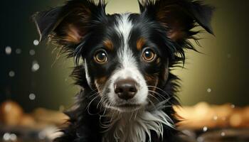Cute puppy sitting, looking at camera, wet fur, playful generated by AI photo