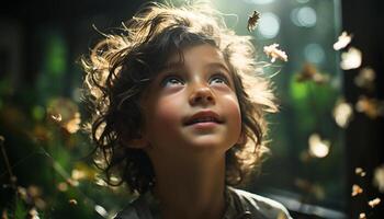 Smiling child enjoying nature, carefree and playful in the forest generated by AI photo