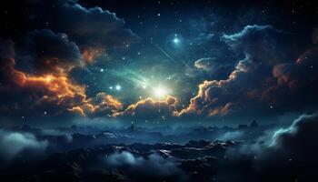 Mysterious night sky galaxy, nebula, star, moonlight, mountain peak generated by AI photo