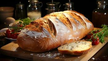 Freshly baked ciabatta bread on wooden table, gourmet meal generated by AI photo