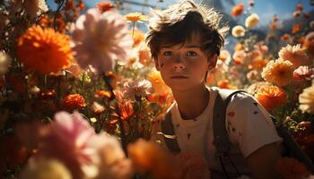 Smiling child enjoys nature beauty, surrounded by flowers and sunlight generated by AI photo