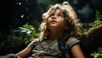 A cheerful child explores nature, smiling in the summer forest generated by AI photo