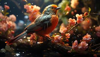 A cute bird perching on a branch, surrounded by vibrant flowers generated by AI photo