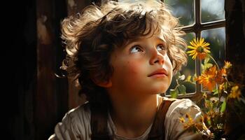 A cute boy smiling outdoors, looking at nature beauty generated by AI photo